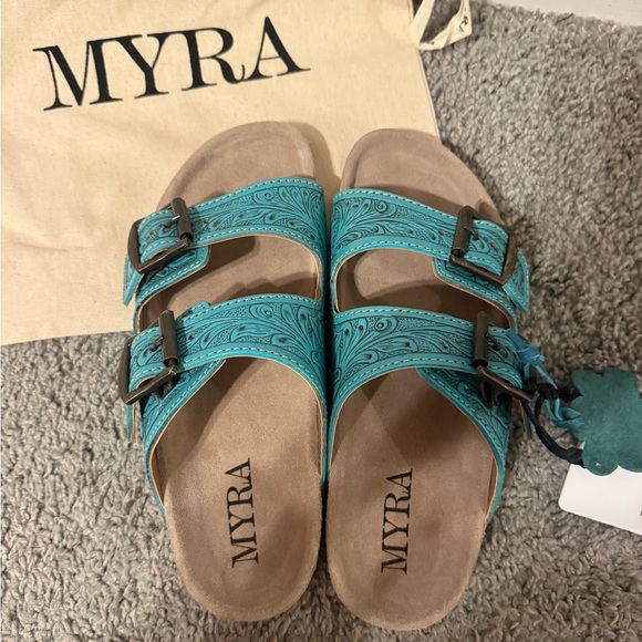 Myra Turquoise Hand-Tooled Sandals with Buckles - Picture 4 of 6